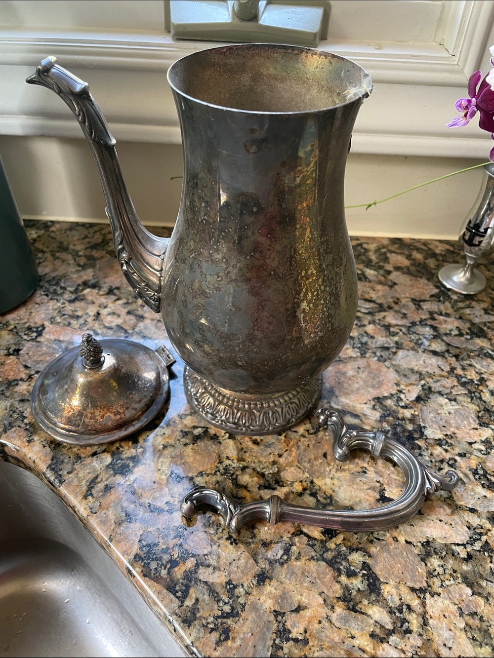 Silver-Tone Decorative Pitcher with Ornate Handle & Lid